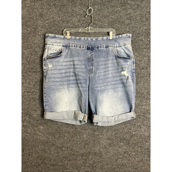 Terra & Sky Women's Plus Size Pull On Denim Bermuda Shorts Sz 5X Blue Distressed - Picture 1 of 9